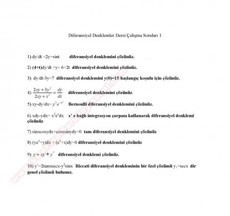 Diferansiyel Denklemler Çalışma Soruları ve Çözümleri -1