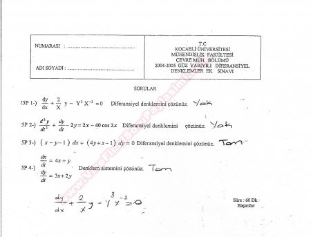 Diferansiyel Denklemler Ek Sınav Soruları - Koü