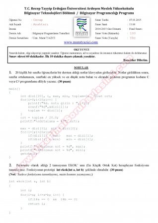 Programlama Temelleri Dersi Final Soruları - 2015