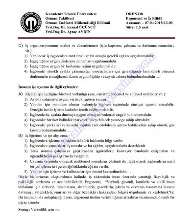 Ergonomi ve İş Etüdü Dersi Vize Soruları ve Cevapları