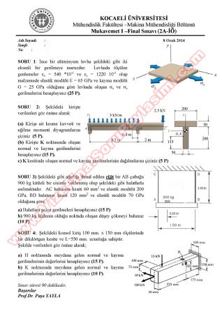 Mukavemet -1 Final Soruları ve Cevapları - İ.Ö.