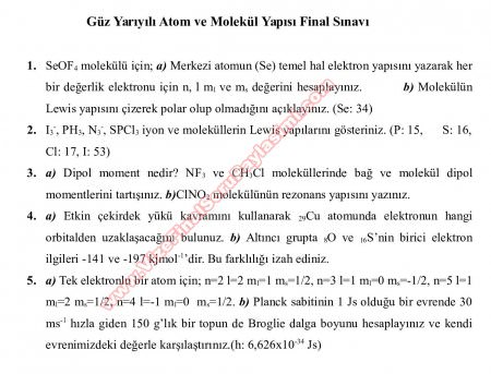 Atom ve Molekül Yapısı Final Soruları