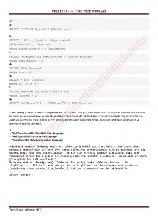 Veri Tabanı -1 Vize Soruları ve Cevapları