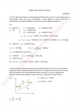 Termodinamik -2 Final Soruları ve Cevapları -2013