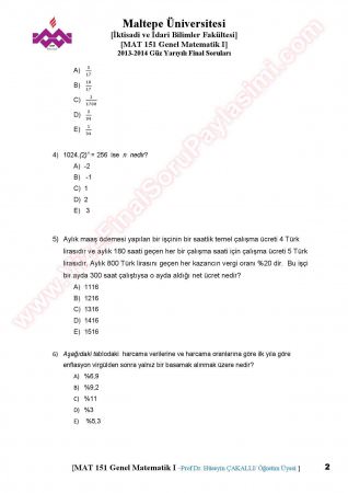 Matematik -1 Final Soruları