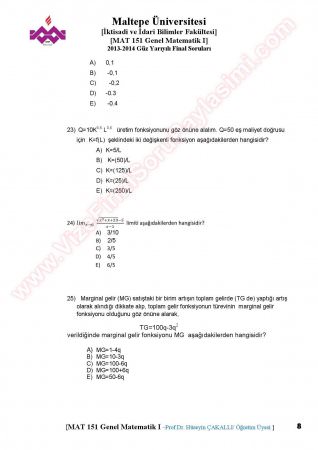Matematik -1 Final Soruları