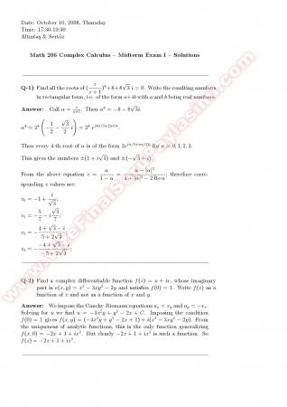 Complex Calculus Midterm Solutions - 2008