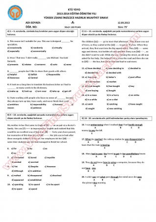 Yüksek Lisans İngilizce Hazırlık Muafiyet Soruları