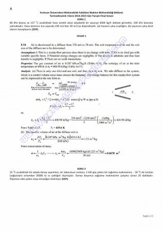 Termodinamik -1 Final Soruları ve Cevapları