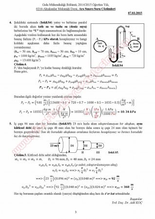 Akışkanlar Mekaniği Dersi Vize Soruları ve Çözümleri - 2015