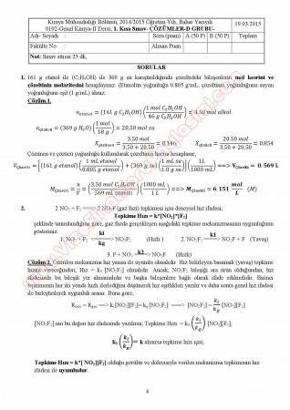 Genel Kimya -2 1.Kısa Sınav Soruları ve Çözümleri