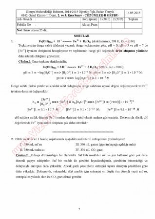 Genel Kimya -2 2. ve 3. Kısa Sınav Soruları ve Çözümleri