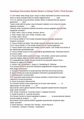 Atatürk İlkeleri ve İnkilap Tarihi -1 Final Soruları