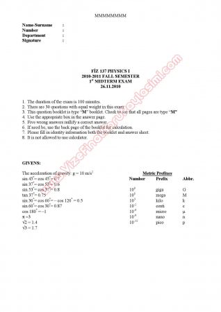 Fizik-1 Vize Soruları - Physics-1 Midterm Questions