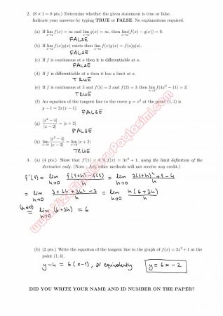 Calculus With Analytic Geometry First Short Exam Questions and Solutions Summer 2014