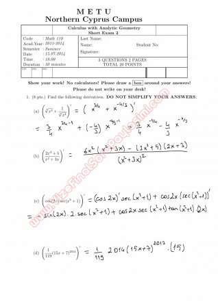 Calculus With Analytic Geometry Second Short Exam Questions and Solutions Summer 2014