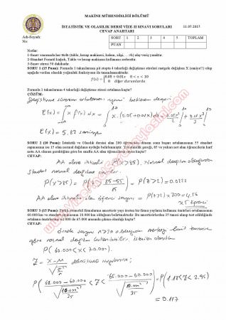 İstatistik ve Olasılık Dersi 2.Vize Soruları ve Cevapları