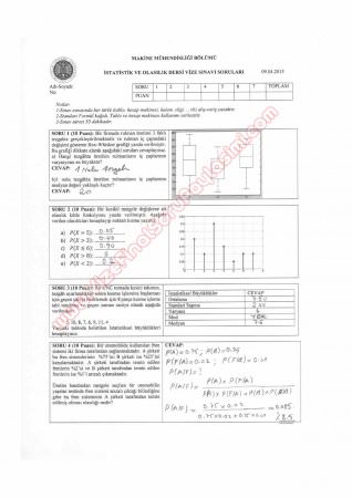 İstatistik ve Olasılık Dersi 1. Vize Soruları ve Cevapları