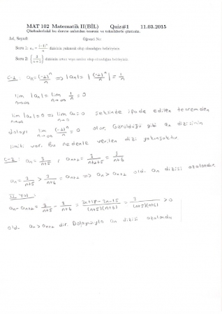 Matematik -2 Quiz soruları ve Çözümleri - Bil. Müh.