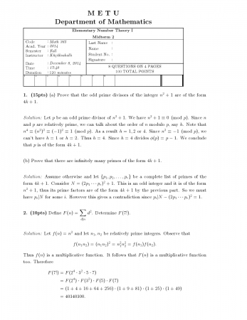 Elementary Number Theory 1 Second Midterm Exam Questions