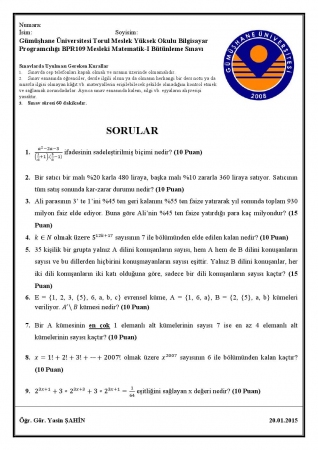 Mesleki Matematik -1 Bütünleme Soruları 2015