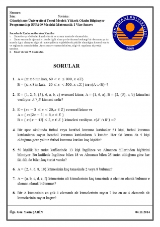 Mesleki Matematik -1 Vize Soruları 2014