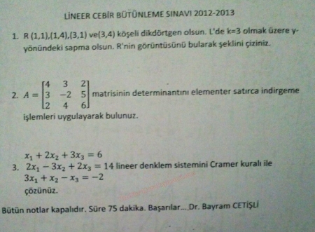 Lineer Cebir Dersi Bütünleme Soruları