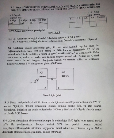 Termodinamik -1 Bütünleme Soruları - 2016