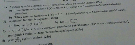 Matematik -1 Sınav Soruları - 2015