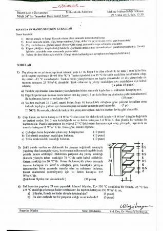 Isı Transferi Dersi Final Soruları ve Çözümleri - 2015