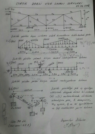 Statik Dersi Vize Soruları - 2016