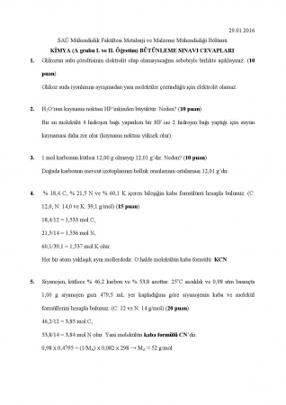 Kimya Dersi Bütünleme Soruları ve Cevapları - 2016