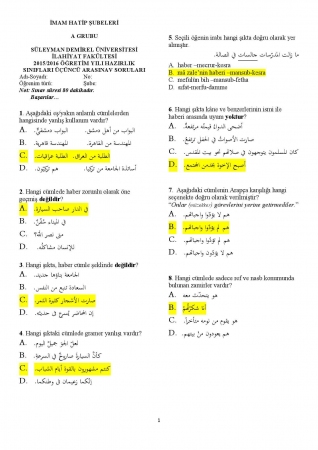 Arapça Hazırlık 3. Vize Soruları ve Cevapları - İHL