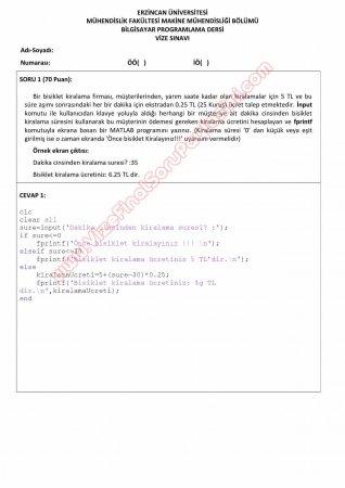 Bilgisayar Programlama (Matlab) Vize Soruları ve Cevapları
