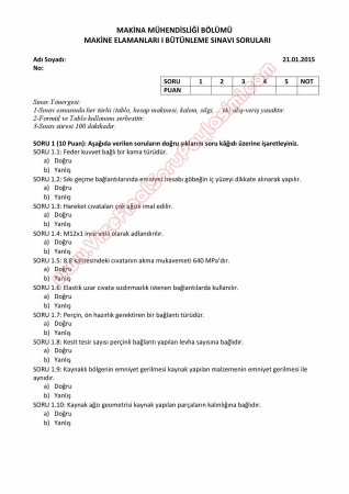 Makine Elemanları -1 Bütünleme Soruları ve Çözümleri