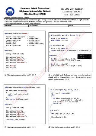 Veri Yapıları Dersi 1. Vize Soruları