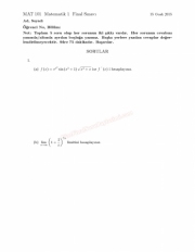 Matematik -1 Dersi Final Soruları ve Cevapları