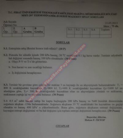 Termodinamik-2 Mazeret Sınav Soruları 22.05.2013