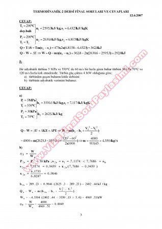 Cumhuriyet Üniversitesi Termodinamik-1 2007 Soruları