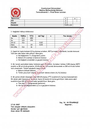 Cumhuriyet Üniversitesi Termodinamik-1 2007 Soruları