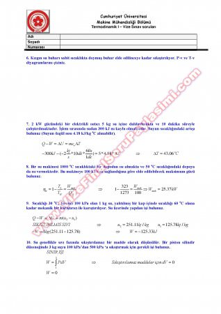 Cumhuriyet Üniversitesi Termodinamik-1 Vize Soruları