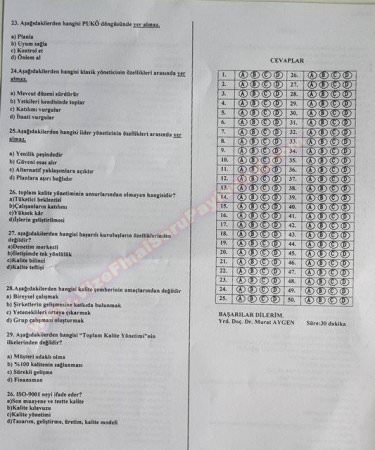 Toplam Kalite Yönetimi Dersi Sınav Soruları