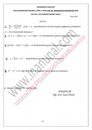 Tunceli Üniversitesi Mühendislik Matematiği Diferansiyel Denklemler 10.01.2011 - Mazeret Soruları