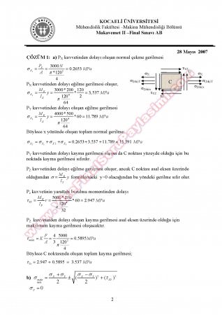 Mukavemet 2 Final Soruları ve Çözümleri