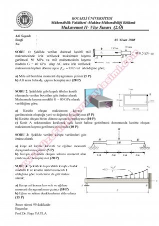 Mukavemet 2 Vize Soruları ve Çözümleri