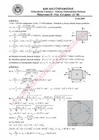 Mukavemet 2 Vize Soruları ve Çözümleri - 2008