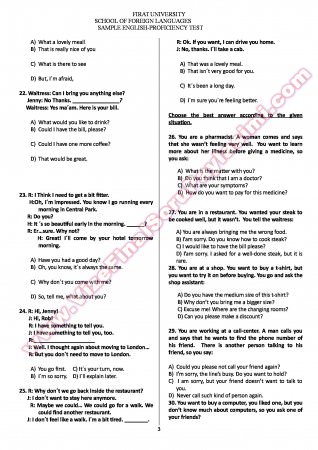 İngilizce Yeterlilik Sınavı Örnek Sorular