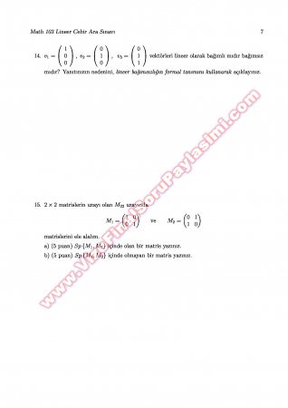 Lineer Cebir Vize Soruları - 10.11.2007