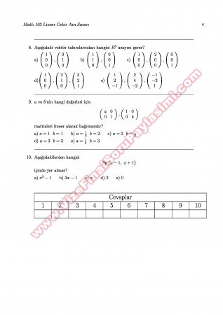 Lineer Cebir Vize Soruları - 10.11.2007
