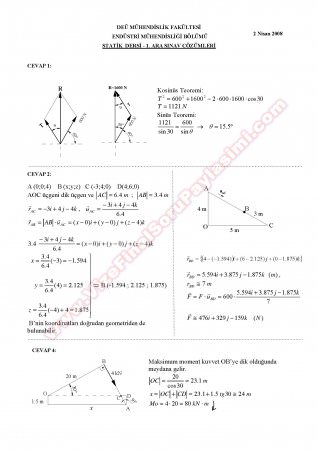Statik Dersi 1. Ara Sınav Soruları - 2008
